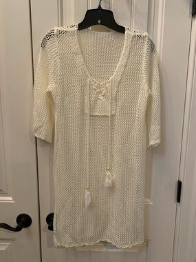 Cream Crochet Lace-Up Swim Coverup Tunic